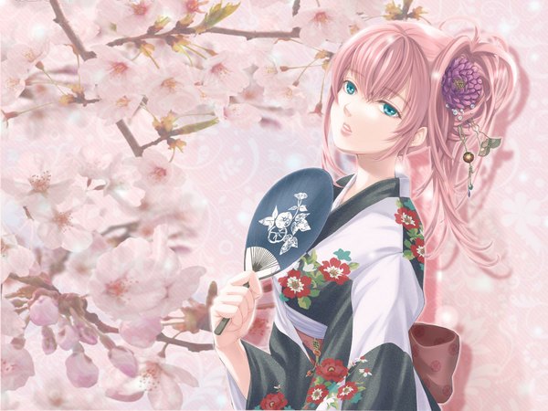 Anime picture 1697x1275 with pink hair japanese clothes aqua eyes cherry blossoms girl kimono
