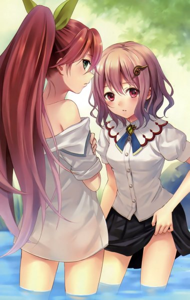 Anime picture 960x1514 with genkai tokki monster monpiece mei esperio elsa (genkai tokki monster monpiece) fukahire (ruinon) long hair tall image looking at viewer blush fringe short hair light erotic red eyes multiple girls green eyes ponytail red hair grey hair skirt lift girl skirt