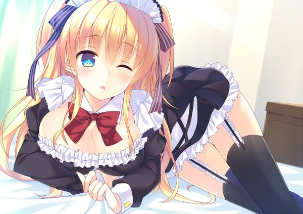 Anime picture 1227x867 with original bekotarou single long hair looking at viewer blush open mouth blue eyes light erotic blonde hair one eye closed wink maid girl thighhighs dress uniform black thighhighs headdress maid headdress