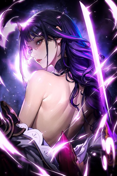 Anime picture 1000x1500 with genshin impact raiden shogun punc p single long hair tall image looking at viewer fringe light erotic purple eyes payot purple hair upper body blunt bangs braid (braids) parted lips multicolored hair from behind off shoulder streaked hair