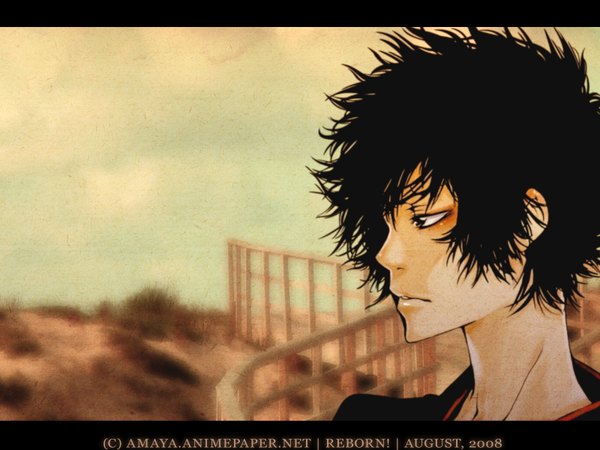 Anime picture 1600x1200 with katekyou hitman reborn hibari kyouya single short hair black hair profile black eyes portrait boy
