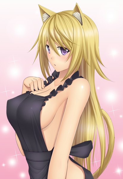 Anime picture 800x1159 with infinite stratos 8bit charles dunois kai (link2262) single long hair tall image blush breasts light erotic blonde hair purple eyes bare shoulders animal ears tail animal tail cat ears cat girl cat tail naked apron