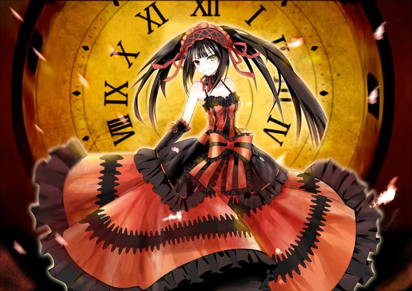 Anime picture 1800x1272 with date a live tokisaki kurumi single long hair looking at viewer blush highres black hair smile twintails bare shoulders heterochromia uneven twintails girl dress bow detached sleeves frills headdress clock