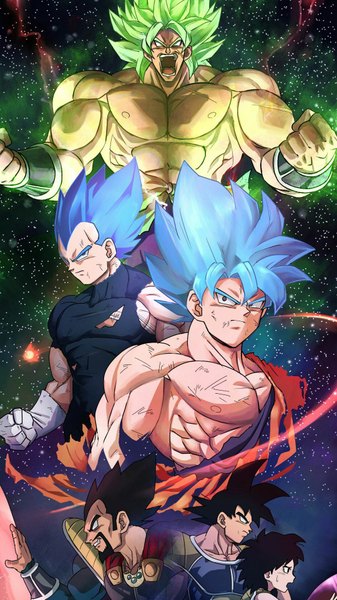 Anime picture 1080x1920 with dragon ball dragon ball super broly son goku vegeta greymon (nodoame1215) tall image looking at viewer fringe short hair open mouth black hair hair between eyes blue hair looking away upper body profile green hair multiple boys grey eyes muscle