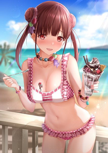Anime picture 1032x1457 with idolmaster idolmaster shiny colors sonoda chiyoko monaka curl single long hair tall image looking at viewer blush fringe breasts open mouth light erotic red eyes brown hair large breasts standing twintails holding sky