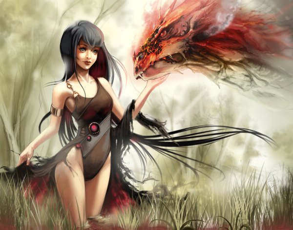 Anime picture 1200x943 with original oceans-art black hair red eyes bare shoulders green eyes very long hair lipstick torn clothes girl plant (plants) tree (trees) water grass dragon