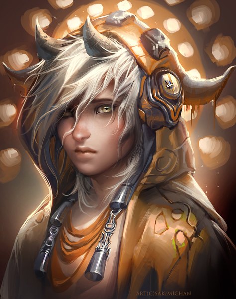Anime picture 1583x2000 with original sakimichan tall image looking at viewer fringe short hair yellow eyes silver hair horn (horns) lips realistic boy hood