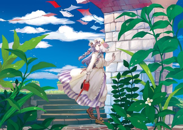 Anime picture 1909x1361 with touhou patchouli knowledge sugi (artist) single long hair highres sky purple hair cloud (clouds) pink eyes wallpaper girl dress plant (plants) watering can