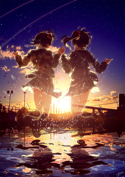 Anime picture 848x1200 with idolmaster idolmaster (classic) futami mami futami ami yae (mono110) tall image highres short hair brown hair twintails multiple girls signed cloud (clouds) ahoge bent knee (knees) outdoors long sleeves pleated skirt from behind sunlight