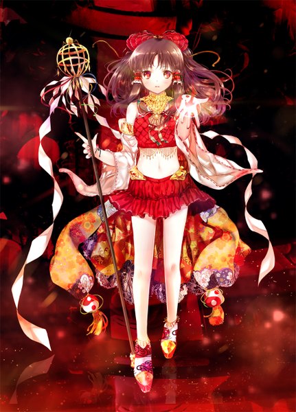 Anime picture 935x1300 with touhou hakurei reimu heco (mama) single long hair tall image looking at viewer blush open mouth red eyes brown hair bare shoulders nail polish fingernails bare belly outstretched arm long fingernails yin yang girl skirt
