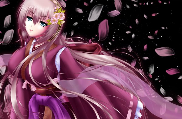 Anime picture 1280x840 with vocaloid megurine luka nohoho (kakikonchi) single long hair blue eyes pink hair japanese clothes hair flower girl hair ornament petals kimono headphones obi