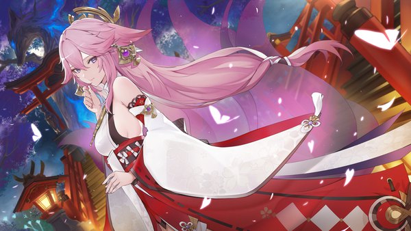 Anime picture 2688x1512 with genshin impact yae miko marumoru single long hair looking at viewer fringe highres hair between eyes wide image purple eyes animal ears pink hair outdoors tail traditional clothes japanese clothes animal tail wind fox ears