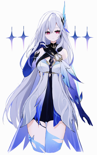 Anime picture 1472x2341 with genshin impact skirk (genshin impact) nirako mona single long hair tall image looking at viewer fringe simple background hair between eyes red eyes standing white background silver hair expressionless girl gloves blue gloves