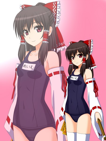 Anime picture 1131x1500 with touhou hakurei reimu kenken long hair tall image light erotic black hair red eyes zoom layer girl thighhighs bow swimsuit hair bow detached sleeves white thighhighs one-piece swimsuit school swimsuit gohei