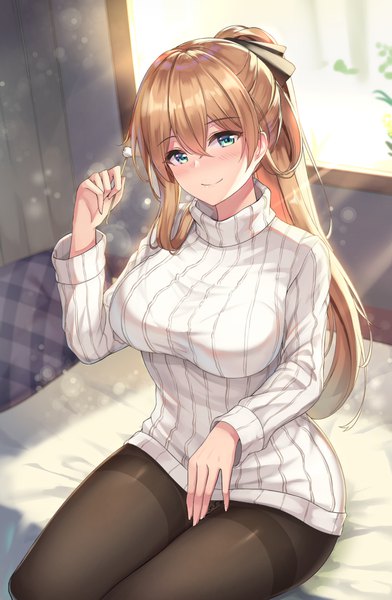 Anime picture 719x1100 with girls frontline m1903 springfield (girls frontline) cenangam single long hair tall image looking at viewer blush fringe breasts blonde hair smile hair between eyes large breasts sitting holding green eyes ponytail indoors head tilt