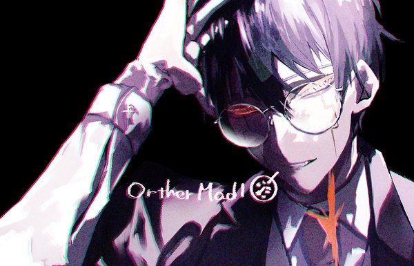 Anime-Bild 1309x840 mit mashle a-1 pictures orter madl yu9999x single fringe short hair black hair simple background hair between eyes looking away character names heterochromia black background hand on head boy glasses