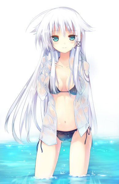 Anime picture 850x1310 with original anceril sacred mishima kurone long hair tall image looking at viewer blush fringe breasts blue eyes simple background smile large breasts standing cleavage ahoge white hair open clothes wet open shirt