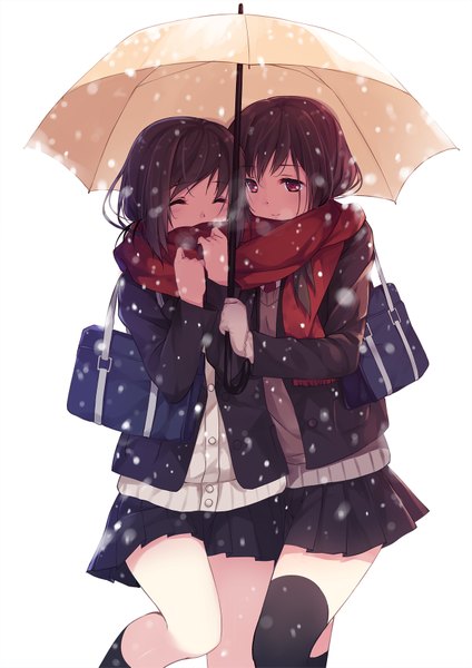 Anime picture 1200x1697 with original caidychen long hair tall image fringe simple background brown hair white background multiple girls holding brown eyes eyes closed pleated skirt snowing snow exhalation shared scarf shared umbrella cold girl