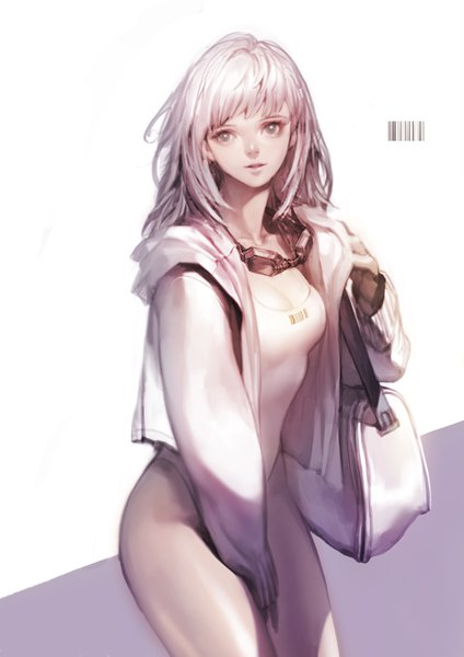 Anime-Bild 1414x2000 mit original snow d single long hair tall image looking at viewer blush open mouth light erotic white background cleavage silver hair light smile lips bare legs covering silver eyes highleg covering crotch girl