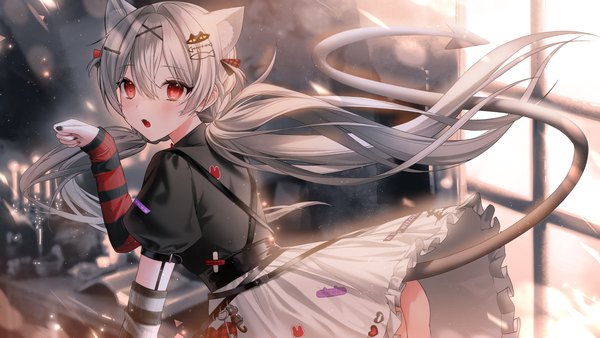 Anime picture 6000x3375 with original hiya 0 single long hair looking at viewer blush fringe highres open mouth light erotic hair between eyes red eyes wide image standing twintails animal ears absurdres silver hair indoors tail