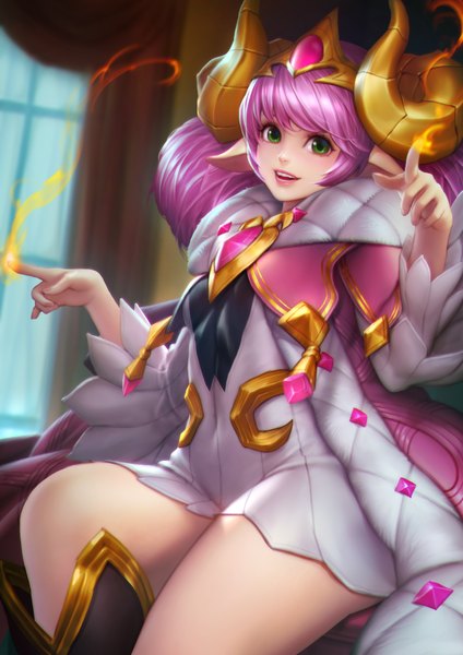 Anime picture 2480x3508 with arena of valor alice (arena of valor) nudtawut thongmai single long hair tall image looking at viewer fringe highres smile hair between eyes sitting green eyes pink hair indoors parted lips horn (horns) lips pointy ears realistic