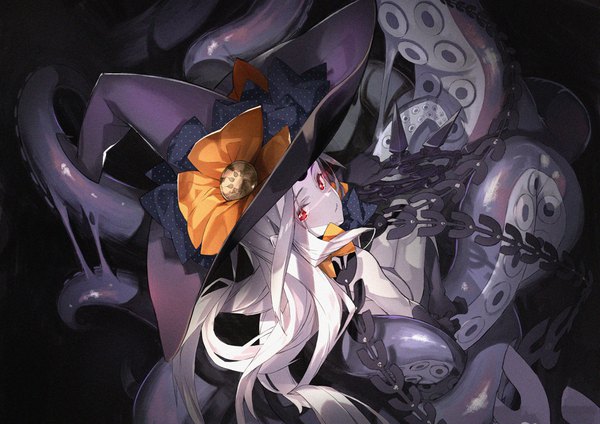 Anime picture 1000x708 with fate (series) fate/grand order abigail williams (fate) abigail williams (third ascension) (fate) furisuku single long hair looking at viewer light erotic red eyes silver hair looking back from above girl underwear panties hat black panties witch hat tentacles