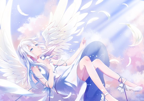 Anime picture 3507x2480 with original wingyunxi single long hair blush fringe highres blue eyes hair between eyes payot absurdres sky cloud (clouds) bent knee (knees) outdoors white hair braid (braids) parted lips sunlight sleeveless