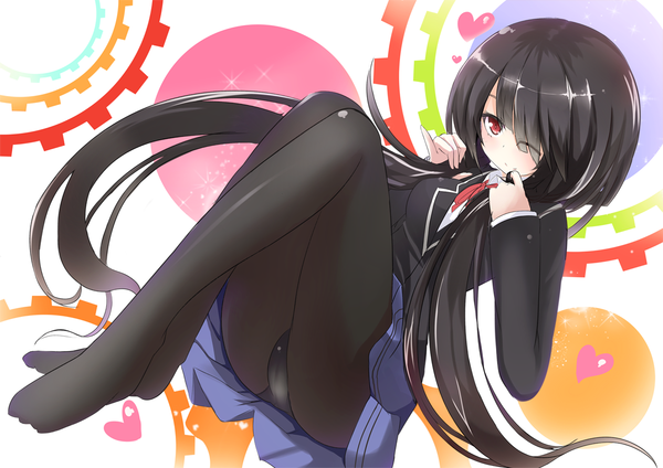 Anime picture 1171x829 with date a live tokisaki kurumi beniyosweet009 single long hair blush fringe light erotic black hair red eyes hair over one eye pantyshot legs pantyshot sitting girl skirt uniform school uniform pantyhose