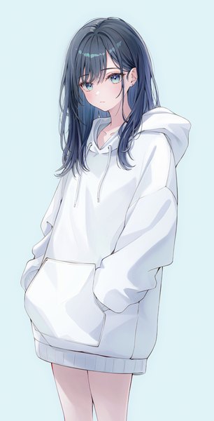 Anime picture 1672x3278 with original funii single long hair tall image looking at viewer fringe blue eyes black hair simple background standing blue background hands in pockets girl hood hoodie