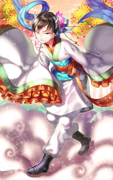 Anime picture 1875x3000 with original aile (crossroads) single tall image looking at viewer highres short hair black hair brown eyes traditional clothes japanese clothes hair flower horn (horns) girl hair ornament flower (flowers) boots heart kimono