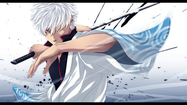 Anime picture 1920x1080 with gintama sunrise (studio) sakata gintoki single looking at viewer fringe highres short hair simple background red eyes wide image white hair hair over one eye framed boy weapon sword katana
