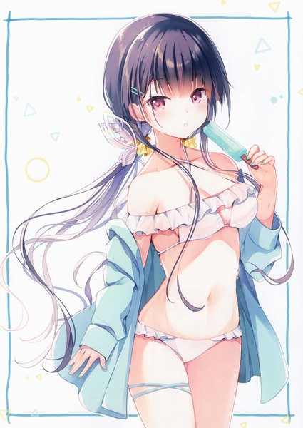 Anime picture 2096x2961 with original fumuyun single long hair tall image looking at viewer blush fringe highres light erotic simple background standing white background twintails bare shoulders cleavage blunt bangs parted lips scan off shoulder