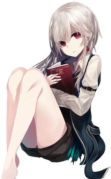 Anime picture 2671x4284 with original roa (ogami ren) ogami ren single long hair tall image looking at viewer fringe highres simple background hair between eyes white background sitting holding silver hair bent knee (knees) head tilt barefoot bare legs girl