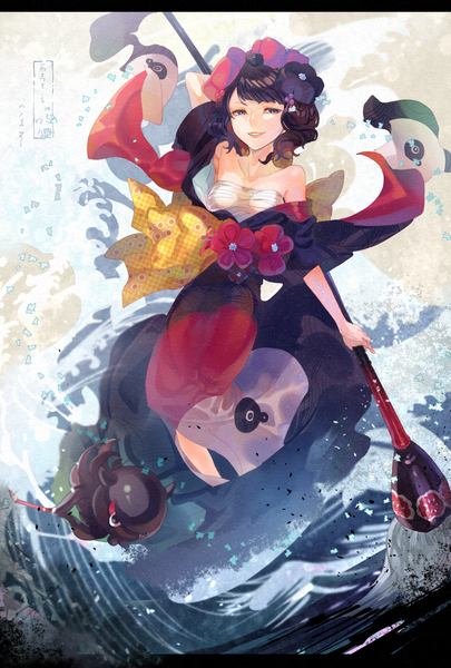 Anime picture 1867x2766 with fate (series) fate/grand order kanagawa okinami ura katsushika hokusai (fate/grand order) tokitarou (fate/grand order) sugurin single tall image highres short hair blue eyes black hair smile bare shoulders looking away traditional clothes parted lips japanese clothes letterboxed girl