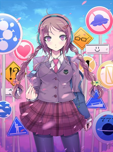 Anime picture 820x1099 with original kasai shin single long hair tall image looking at viewer blush brown hair purple eyes braid (braids) girl skirt uniform school uniform petals headphones traffic sign digital media player