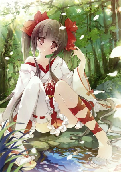 Anime picture 2596x3679 with mamita single long hair tall image blush highres red eyes brown hair twintails traditional clothes japanese clothes scan legs girl thighhighs bow ribbon (ribbons) plant (plants) hair bow petals