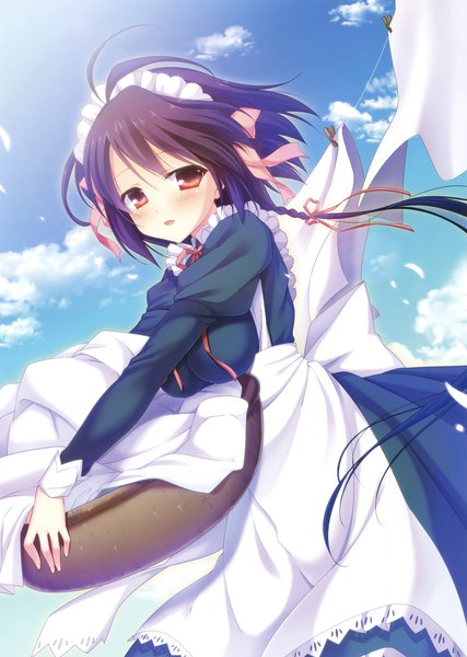 Anime picture 2494x3500 with original shouna mitsuishi single tall image looking at viewer blush highres open mouth black hair red eyes sky cloud (clouds) ahoge braid (braids) wind scan maid girl uniform ribbon (ribbons)