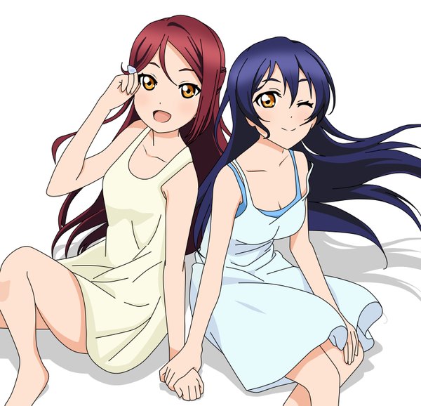 Anime picture 3000x2894 with love live! school idol project love live! sunshine!! sunrise (studio) love live! sakurauchi riko sonoda umi rizumu1453 long hair looking at viewer blush fringe highres open mouth simple background smile hair between eyes white background sitting bare shoulders multiple girls