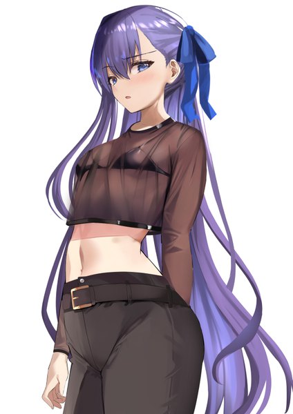 Anime picture 595x842 with fate (series) fate/grand order fate/extra fate/extra ccc meltryllis (fate) kesoshirou single long hair tall image looking at viewer blush fringe open mouth blue eyes light erotic simple background standing white background purple hair long sleeves