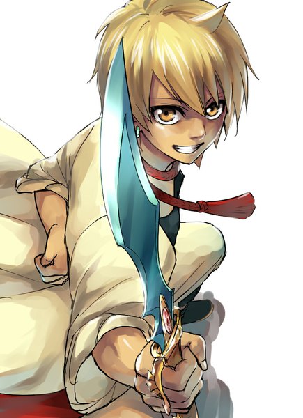 Anime picture 790x1090 with magi the labyrinth of magic a-1 pictures ali baba saluja shiromi (ringo) single tall image looking at viewer short hair blonde hair smile white background yellow eyes ahoge teeth fighting stance boy weapon earrings dagger arabian clothes