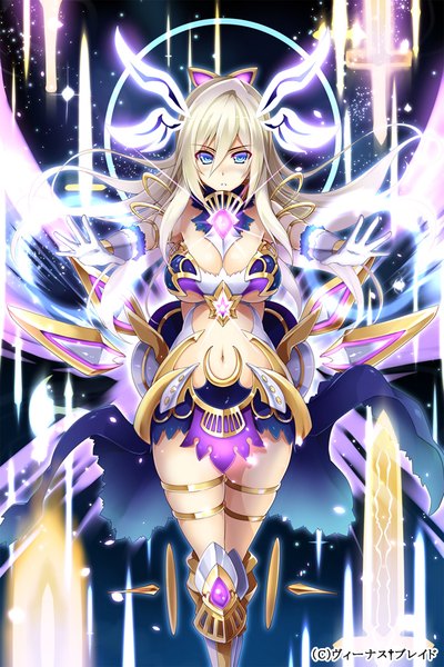 Anime picture 640x960 with venus blade hisenkaede single long hair tall image looking at viewer blush fringe breasts blue eyes light erotic blonde hair hair between eyes large breasts bare shoulders signed bare belly outstretched arm magic shiny clothes