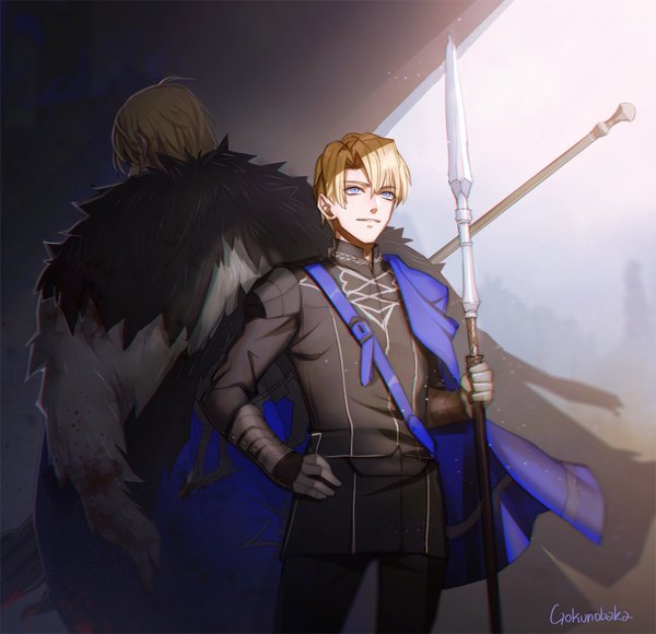 Anime picture 931x900 with fire emblem fire emblem: three houses nintendo dimitri alexandre blaiddyd gokunobaka fringe short hair blue eyes blonde hair smile hair between eyes holding signed looking away multiple boys hand on hip back to back dual persona boy weapon