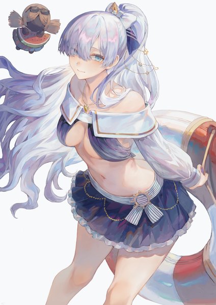 Anime picture 1592x2251 with fate (series) fate/grand order anastasia (fate) viy (fate) anastasia (swimsuit archer) (fate) mashuu (neko no oyashiro) single long hair tall image looking at viewer fringe breasts blue eyes light erotic simple background standing white background holding silver hair ponytail
