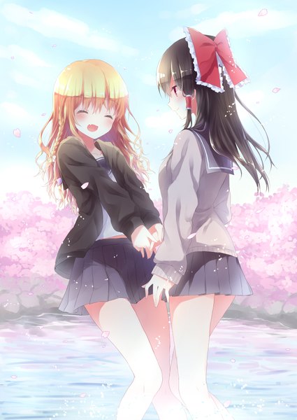 Anime picture 2865x4045 with touhou hakurei reimu kirisame marisa sakuyunomi long hair tall image blush fringe highres open mouth black hair blonde hair smile red eyes multiple girls bent knee (knees) braid (braids) eyes closed long sleeves profile