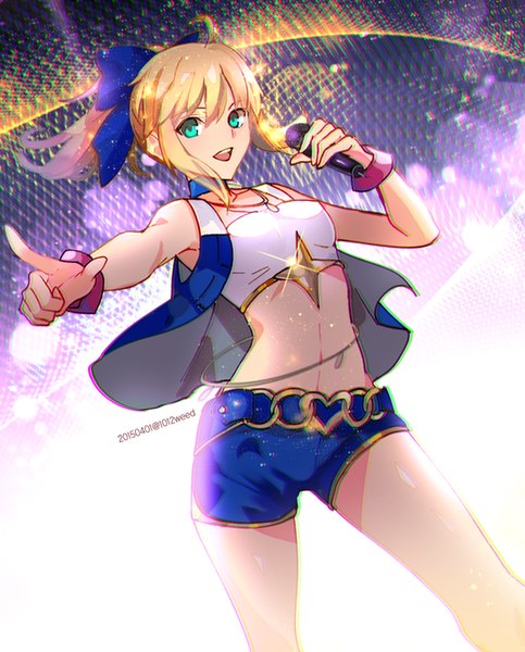 Anime picture 650x807 with fate (series) fate/stay night type-moon artoria pendragon (all) saber astarone single tall image fringe short hair open mouth blonde hair green eyes ahoge ponytail bare belly alternate costume outstretched arm pointing girl