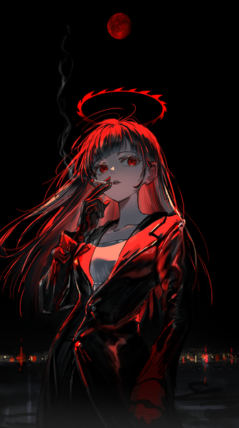 Anime picture 2239x4000 with original nanaponi single long hair tall image fringe highres open mouth black hair red eyes standing holding looking away outdoors blunt bangs long sleeves night night sky smoke smoking