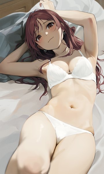 Anime picture 2304x3840 with idolmaster idolmaster shiny colors oosaki amana gin00 single long hair tall image looking at viewer blush fringe highres breasts light erotic smile brown hair brown eyes payot cleavage indoors lying