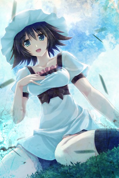Anime picture 1000x1500 with steins;gate white fox shiina mayuri maichaso (artist) single tall image looking at viewer short hair open mouth blue eyes black hair girl dress hat