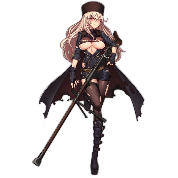 Anime picture 1024x1024 with girls frontline ptrd-41 (girls frontline) rewolf (artist) single long hair looking at viewer blush breasts light erotic red eyes large breasts standing holding full body bent knee (knees) white hair one eye closed torn clothes underboob standing on one leg