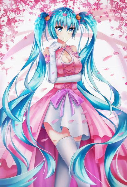 Anime picture 2480x3657 with vocaloid hatsune miku zqzqy single tall image looking at viewer fringe highres breasts blue eyes large breasts standing twintails bare shoulders payot blue hair cleavage very long hair eyebrows cleavage cutout